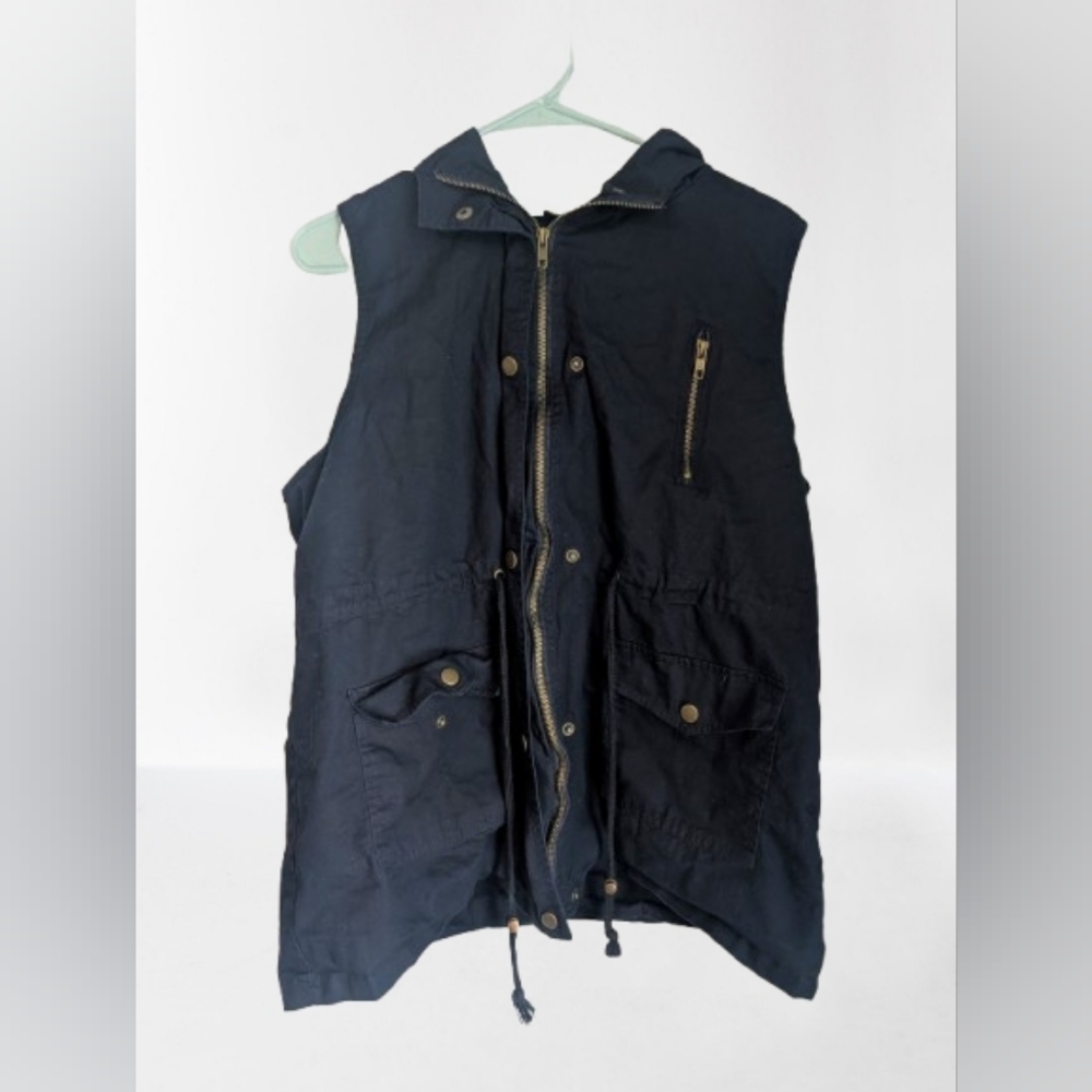 Zenana Women's Dark Blue Canvas Hooded Vest - 1X
